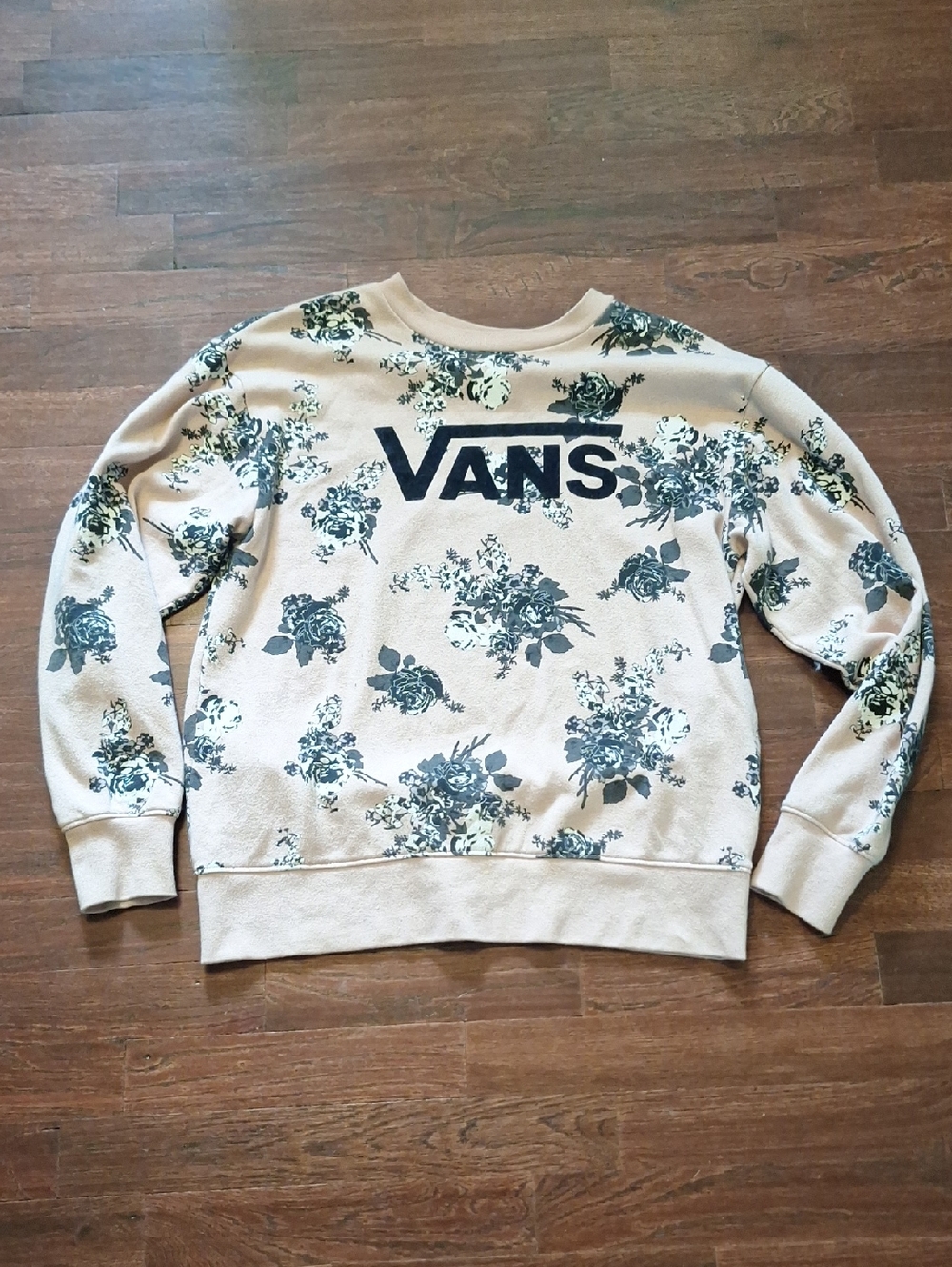 XS Vans Beige Crewneck Sweatshirt with Dark Green Floral Print